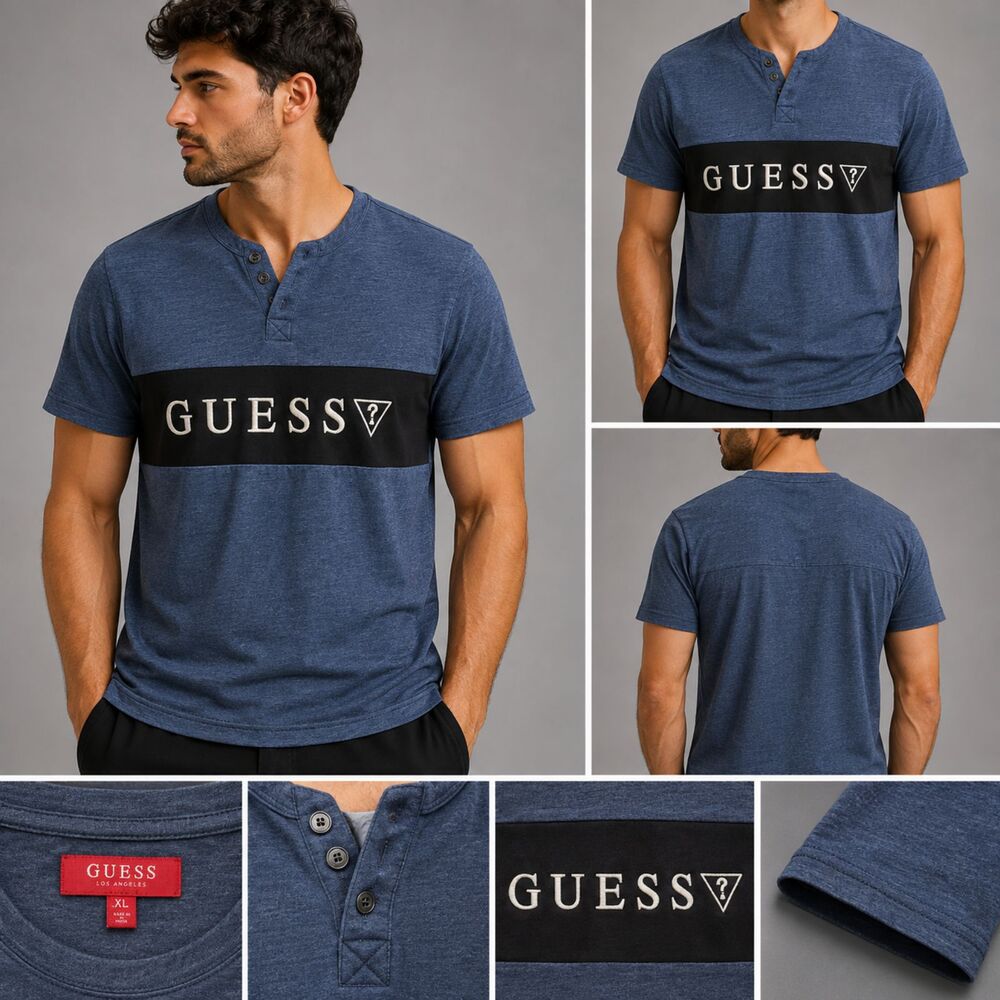 GUESS Men's Blue Black Colorblock Henley T-Shirt XL Short Sleeve - Picture 1 of 6